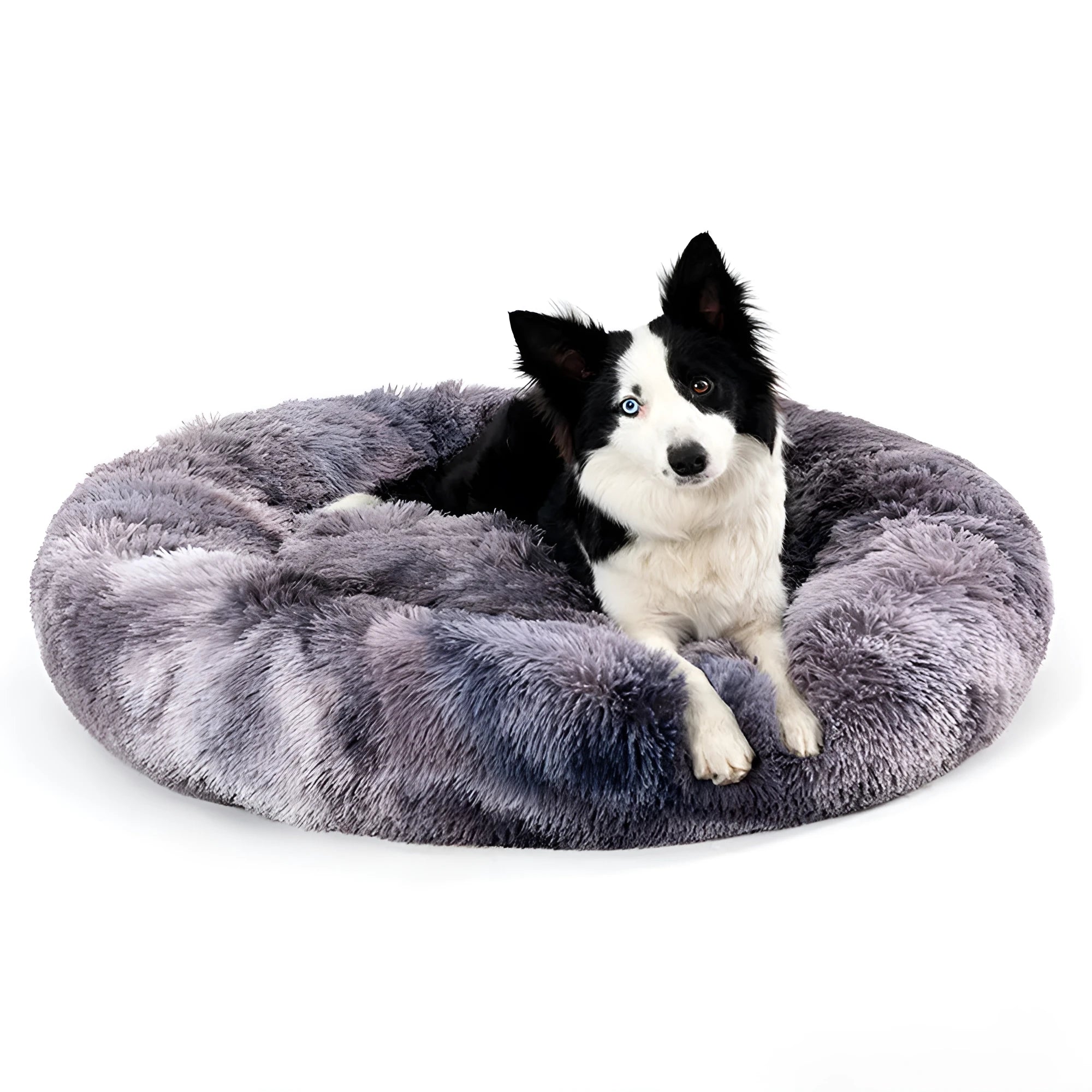 Fluffy XL donut-shaped dog bed in long plush fabric, 100cm diameter