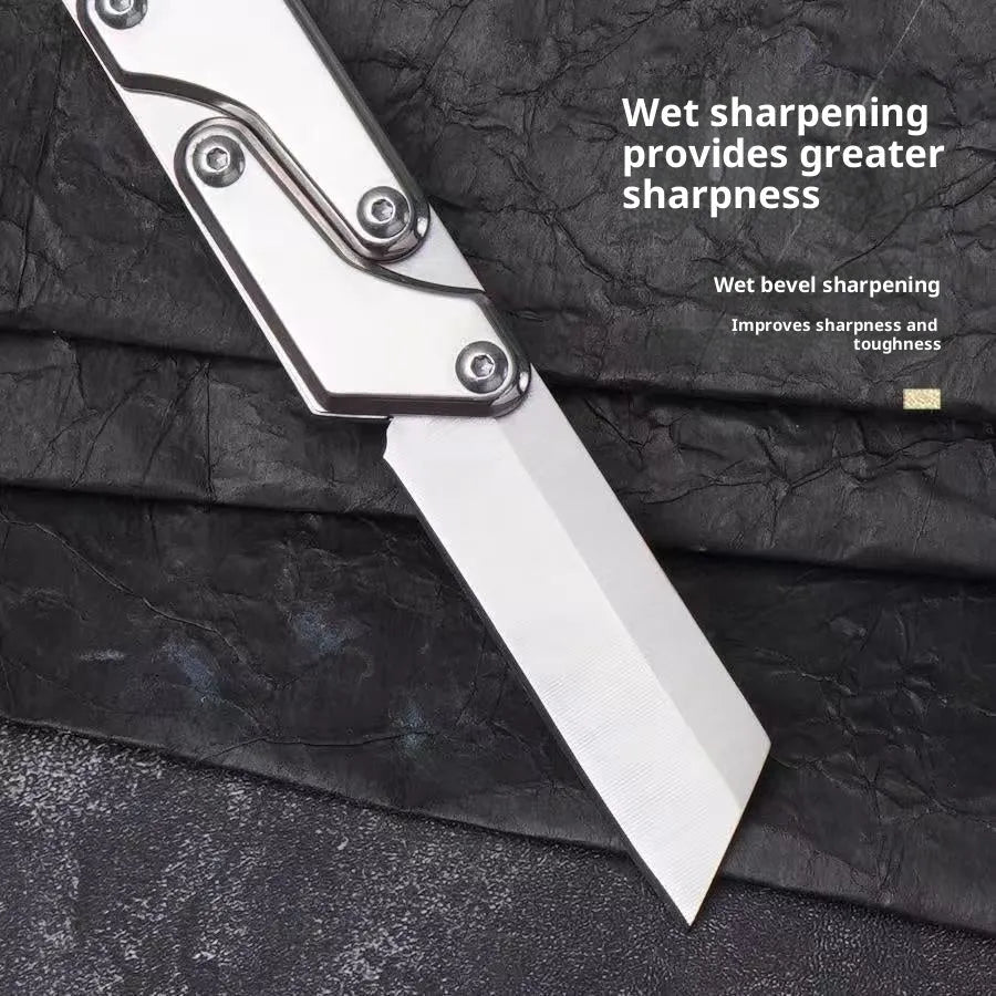 Silver stainless steel folding knife with 5.7cm blade and 67mm handle, mechanical deformation folding design