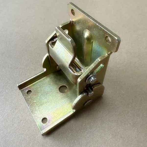 A metal furniture folding hinge with an electroplated finish, shown in a 90-degree open position.