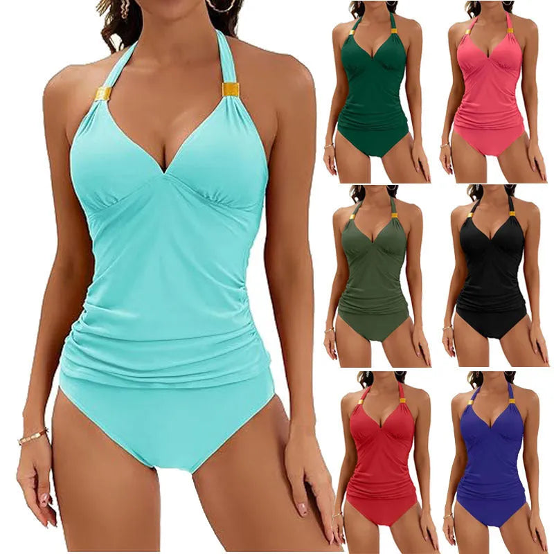 Women's solid colour halter neck two-piece swimsuit with tie sides in Army Green
