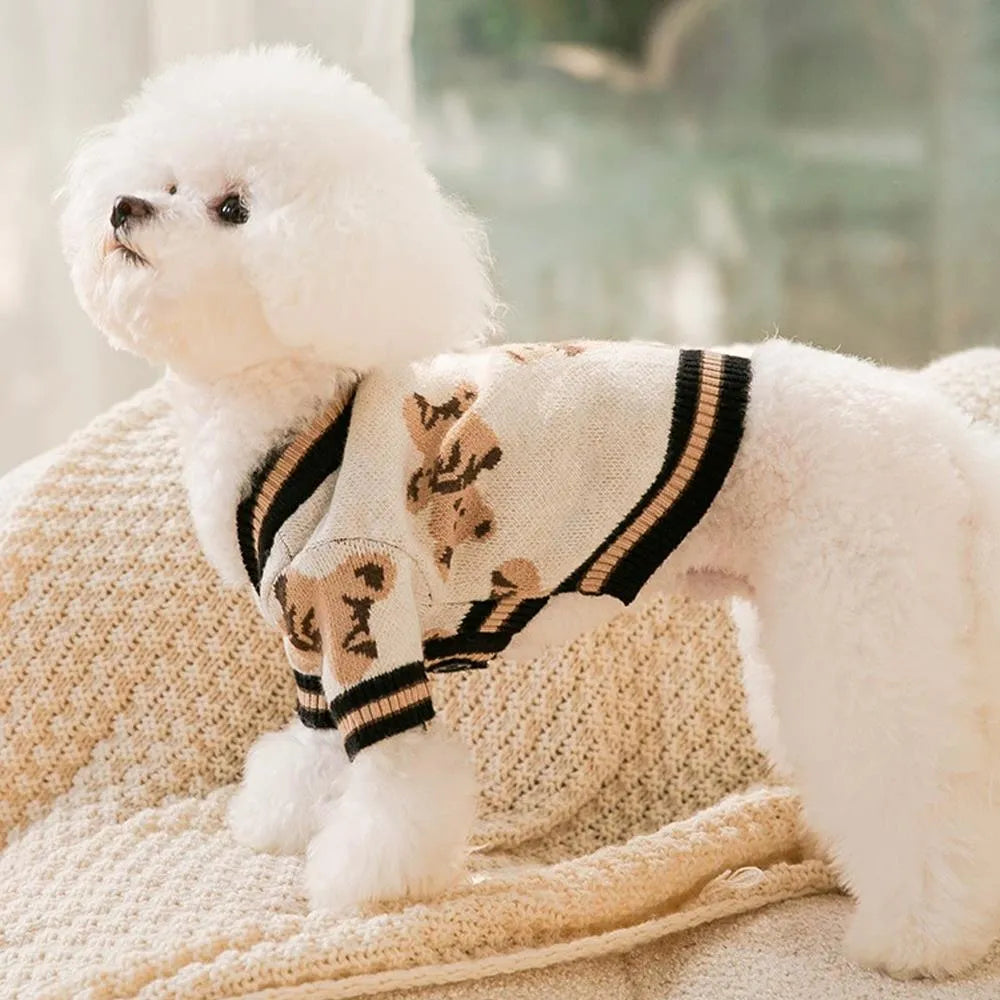 Cute bear pattern two-legged dog sweater in beige for small dogs and cats, sizes XS to XL