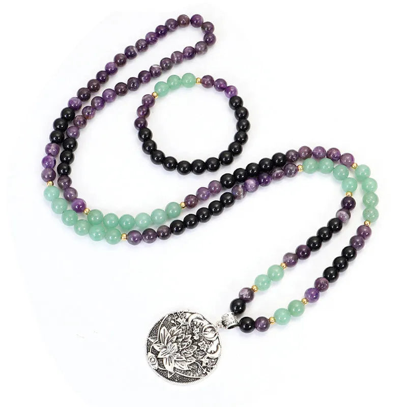 Yoga lotus pendant necklace and bracelet set with handmade stone beads on alloy chain