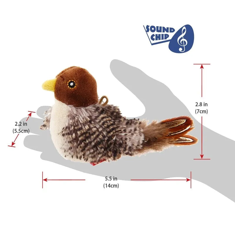 Interactive chirping bird cat toy made of velvet, 5.7x2.8x2.2 inches, with feather and ring for play.