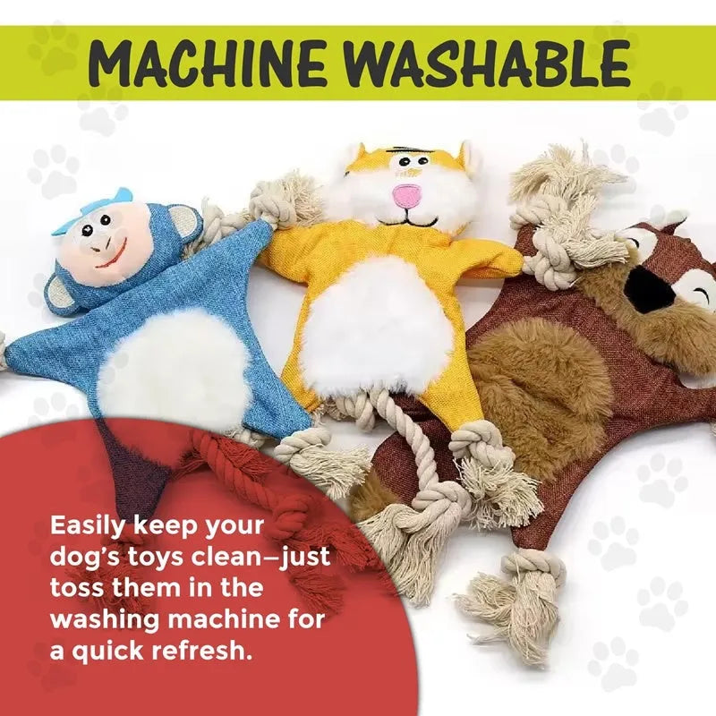 Set of six plush dog toys shaped like fox, squirrel, koala, monkey, rabbit, and tiger with squeakers