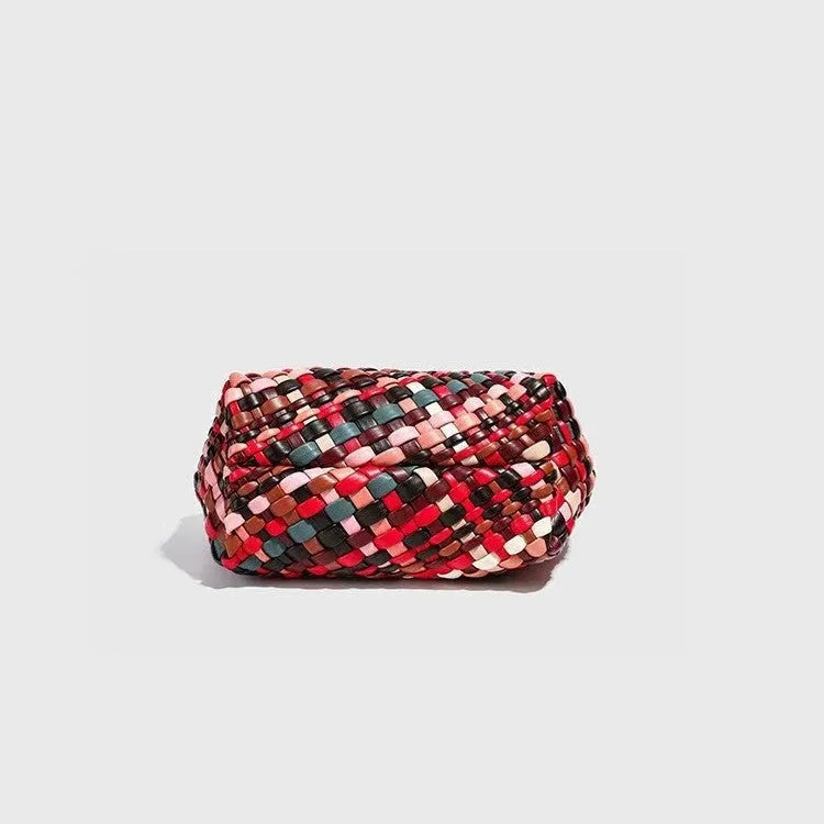 Colourful handmade woven women's PU leather shoulder bag shown from the front.
