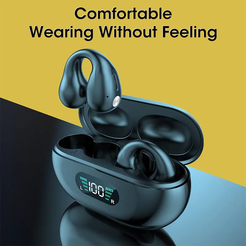 Clip-on bone conduction Bluetooth wireless headset in black, white, and khaki colour options.