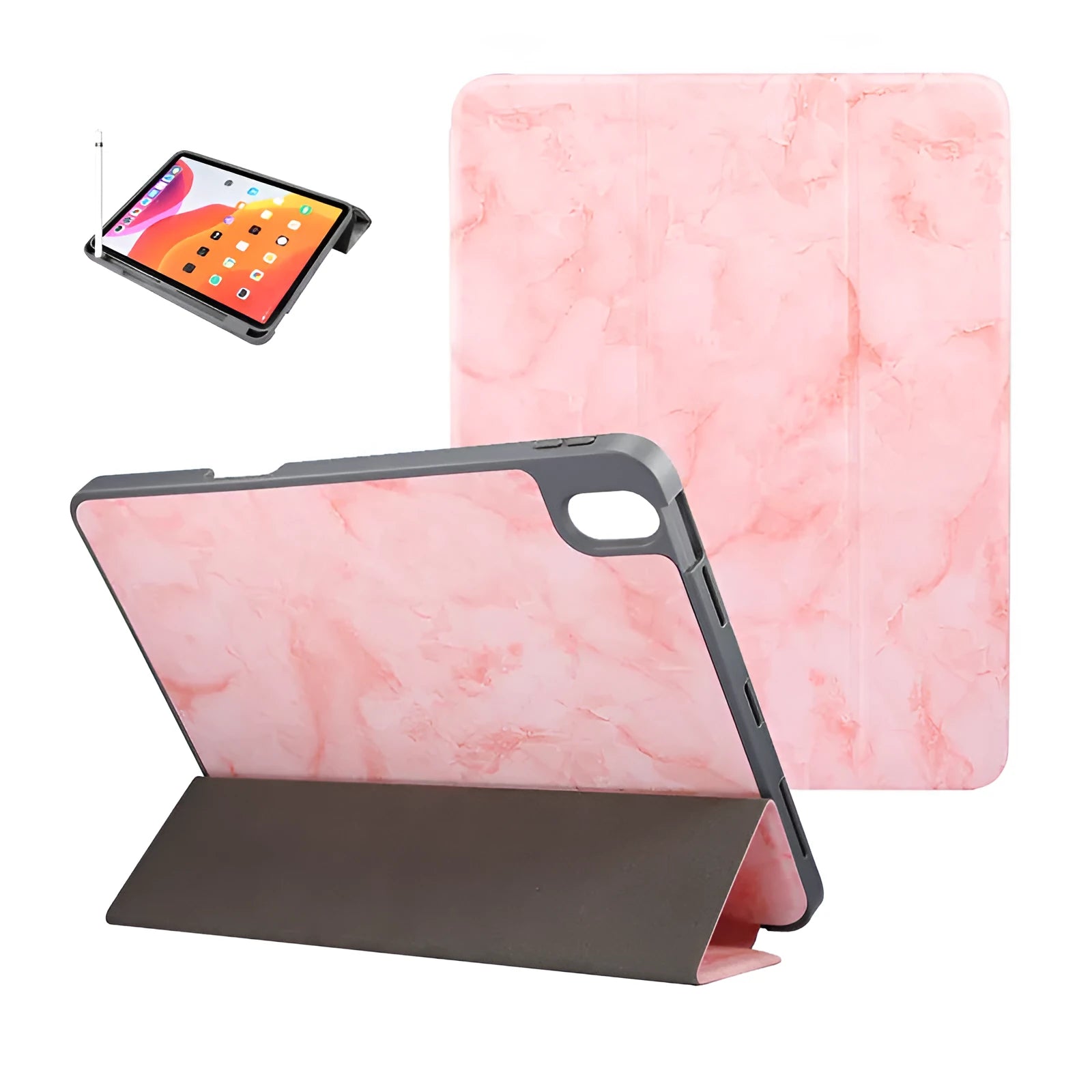 Tri-fold marbling imitation leather iPad case in dark grey with a built-in slot for an Apple Pencil.