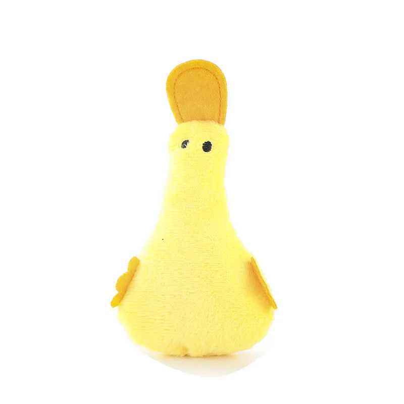Duck-shaped plush pet toy with squeaker and catnip filling in various colours