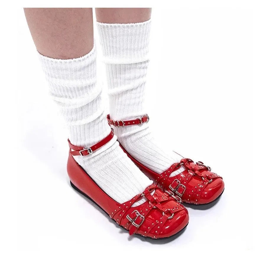Women's black genuine leather retro flats with buckle closure and square toe design