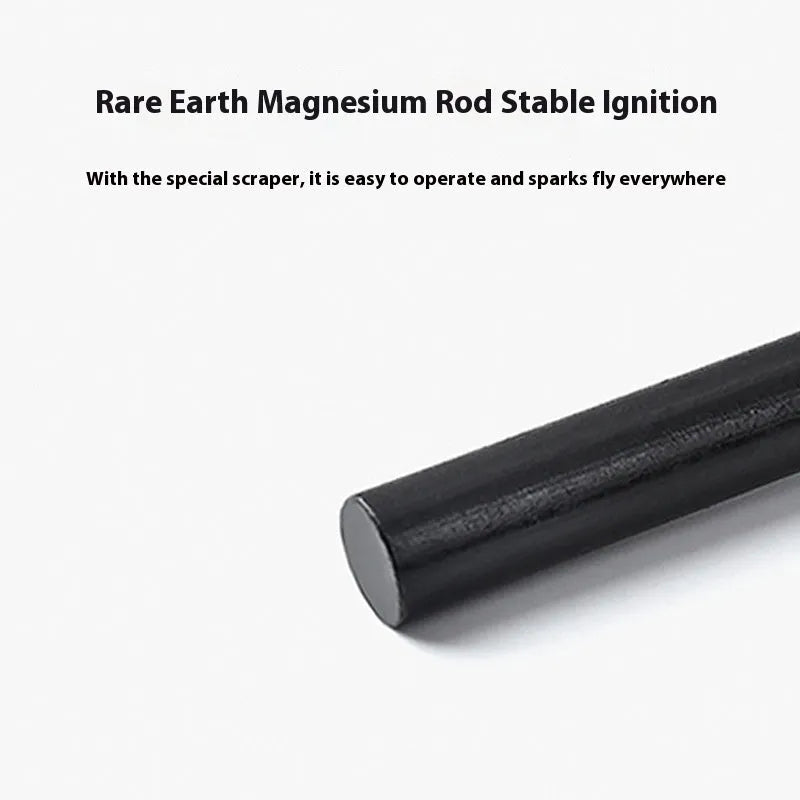 Black multifunctional camping flint with magnesium rod and stainless steel scraper showing graduated scale and bottle opener