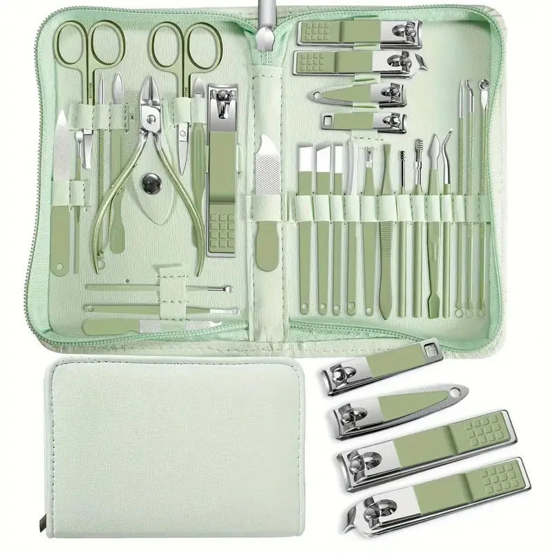 30-piece stainless steel nail beauty tool set showing cuticle pushers, nail clippers, files, buffers and tweezers