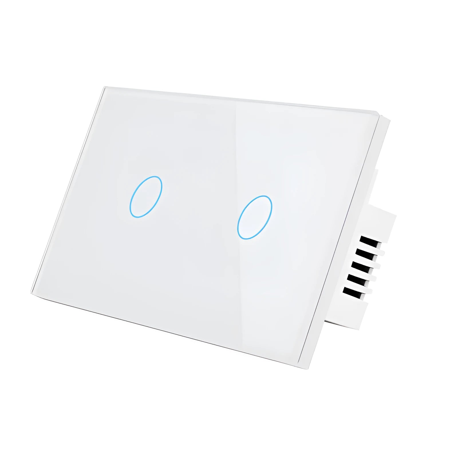 White wireless RF touch light switch with tempered glass panel showing red and blue LED indicators