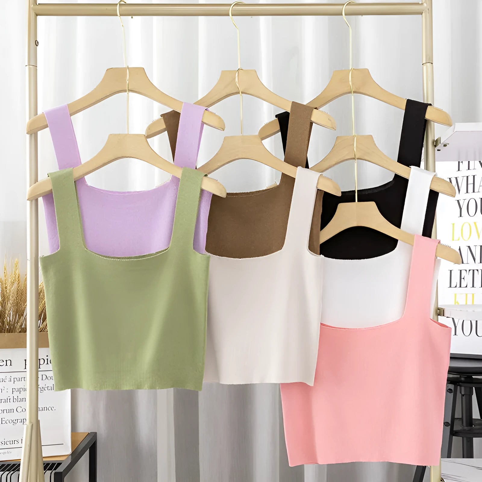 Short square-neck knitted camisole vest in mercerised cotton, slim fit, solid colour, women's innerwear top