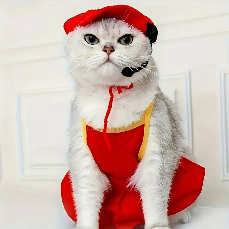 Handmade chef hat and cotton knitted sweater set for a cat or small dog birthday costume.
