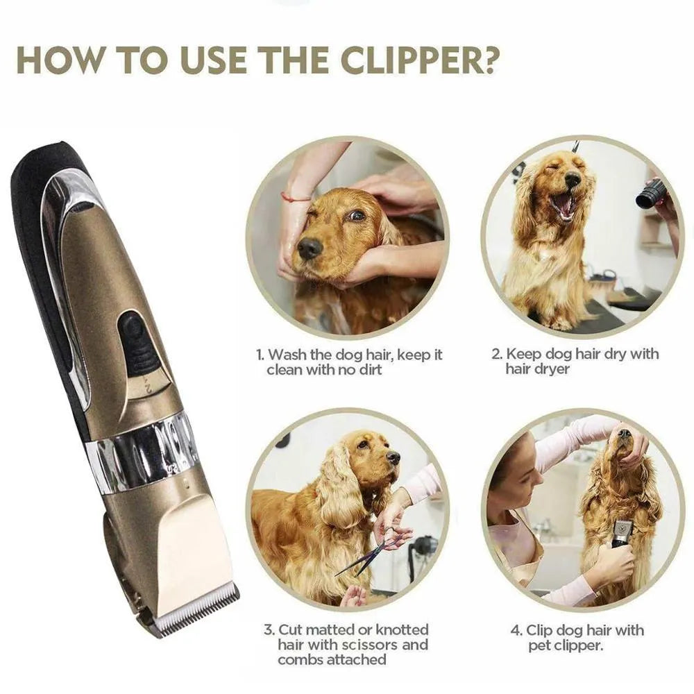 Professional pet clipper with titanium ceramic blade and 4 positioning combs in photo colour