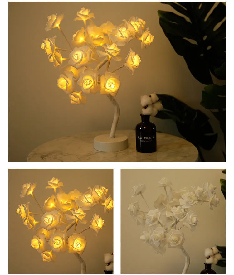 Rose flower LED table lamp with warm white glow on a flat surface, showing PE cotton flowers and bonsai tree shape
