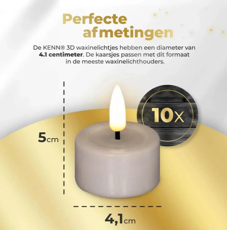 Four taupe-coloured LED tealight candles with a realistic 3D yellow flame effect on a dark surface.
