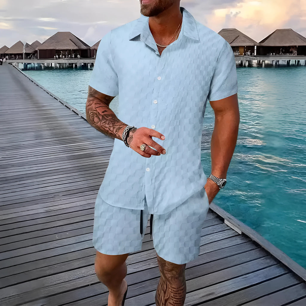 Men's chemical fibre casual suit set with short sleeve shirt and matching shorts in beige colour