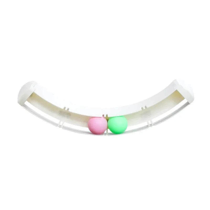 White plastic curved cat track toy, 34cm, fixed to a smooth surface with two small balls in the channel