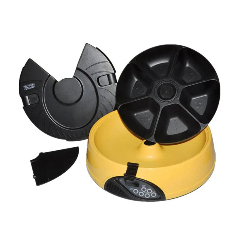 Yellow automatic pet feeder with 6-meal capacity ABS plastic timer and voice recorder