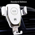 Black car wireless charger mounted on vent automatically clamping iPhone with 18W fast charging