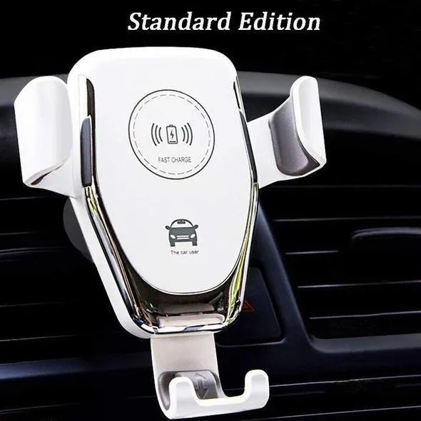 Black car wireless charger mounted on vent automatically clamping iPhone with 18W fast charging
