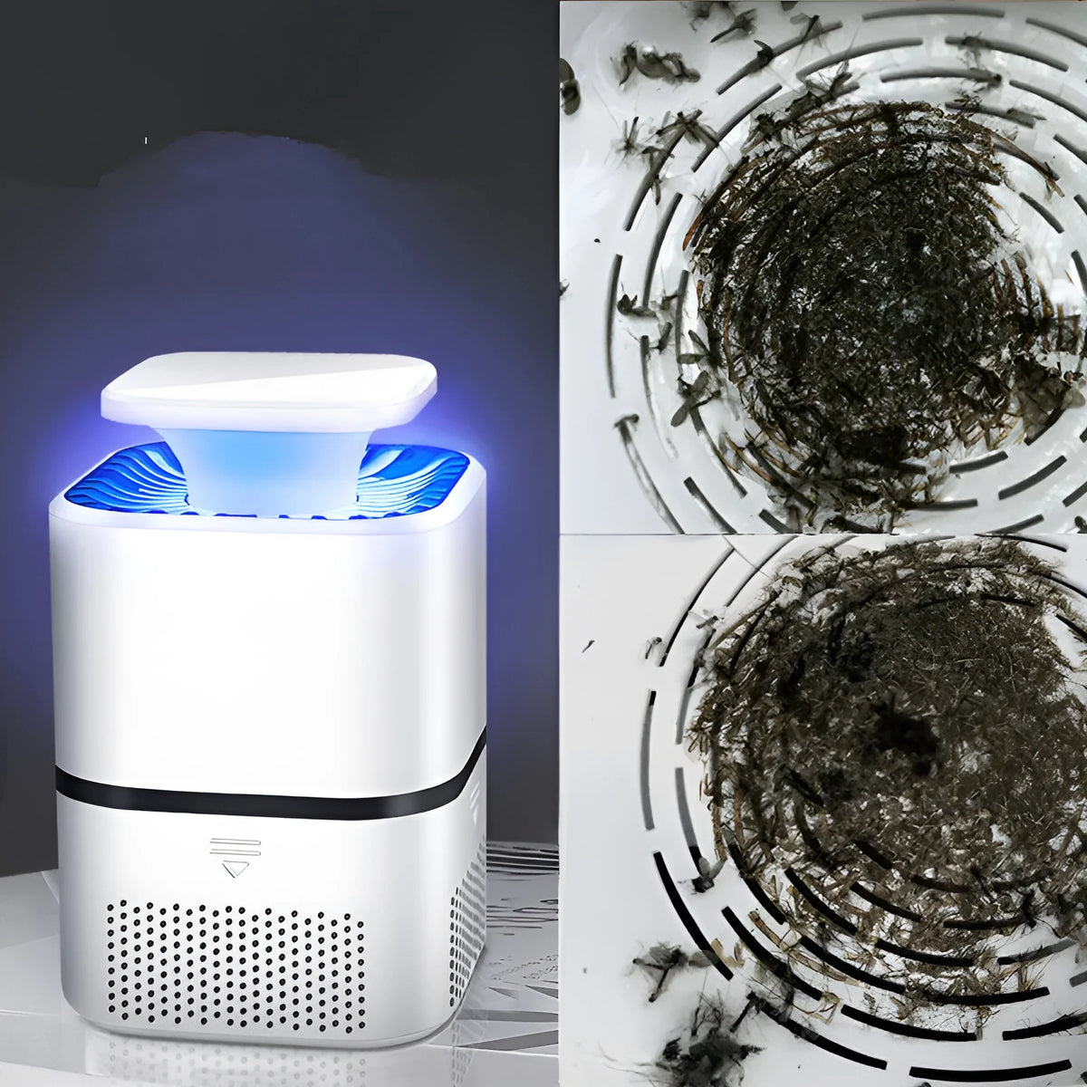 Photocatalyst mosquito killer in white or black with USB cable, blue light attraction and physical trapping, over 150 square metres coverage.