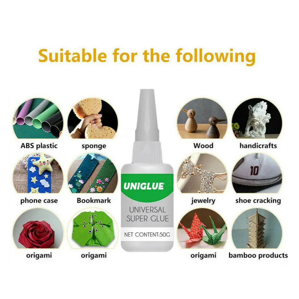 Uniglue Universal Super Glue tube, clear liquid, with pin-point nozzle, for multi-surface repairs