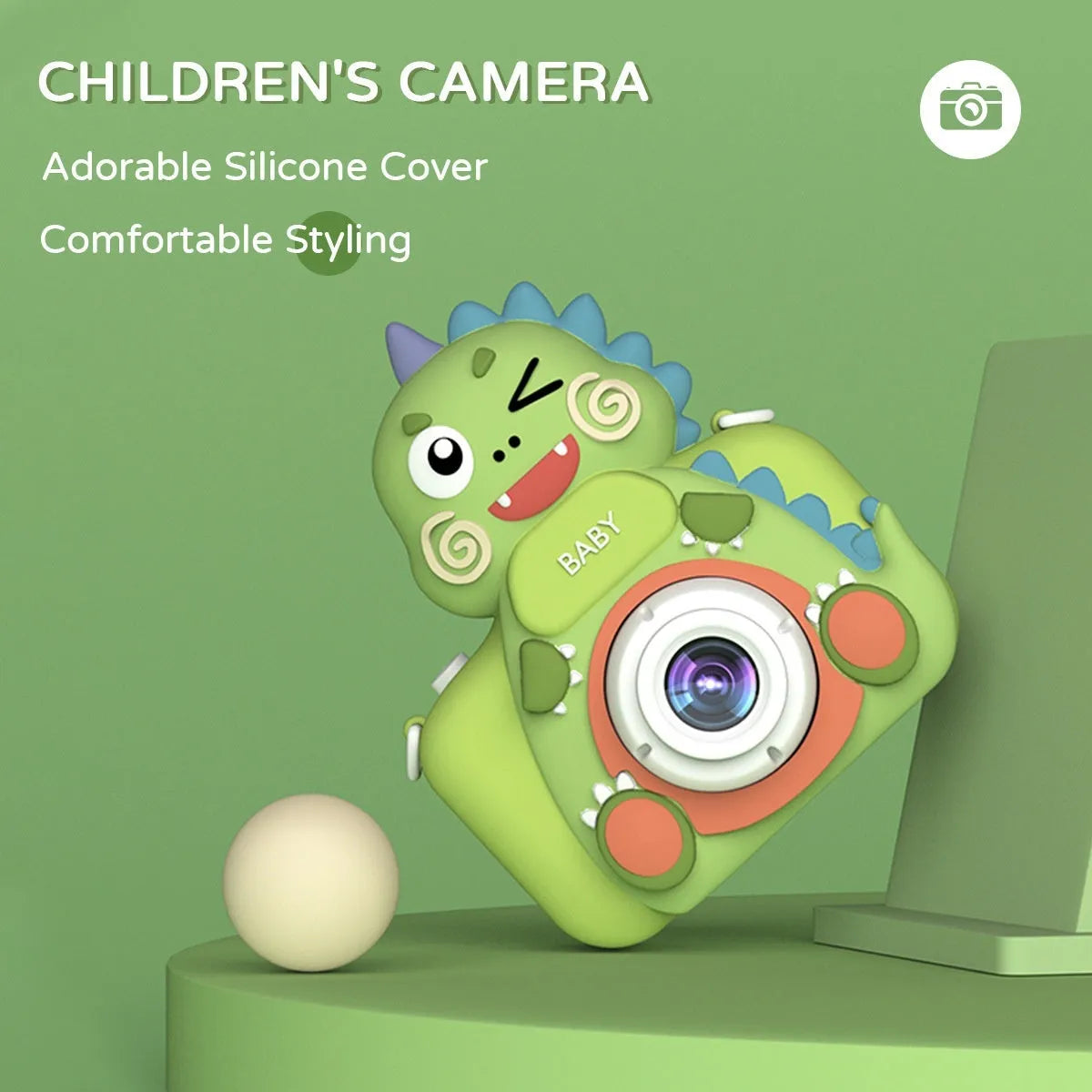 Children's mini cartoon digital toy camera with silicone body in Big Head Dinosaur design