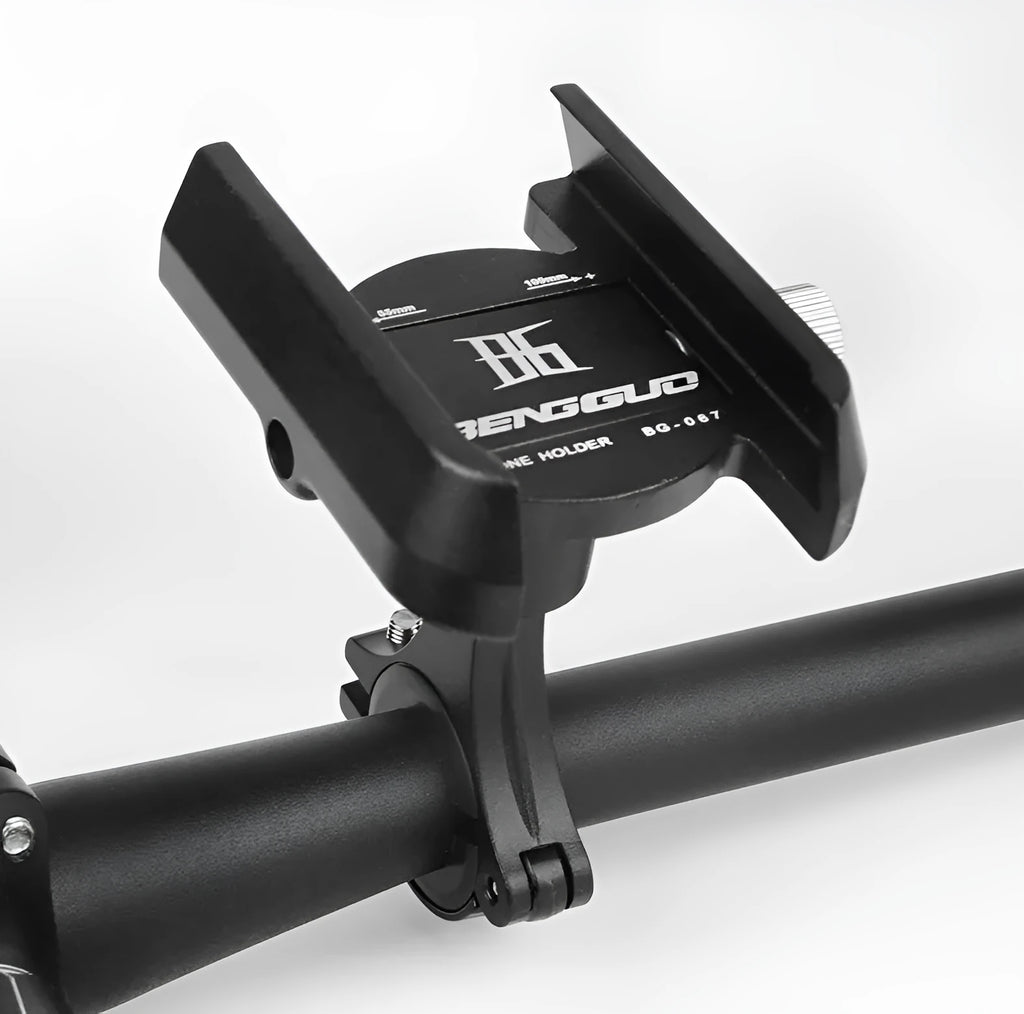 CNC aluminium bicycle phone holder mounted on handlebar with phone