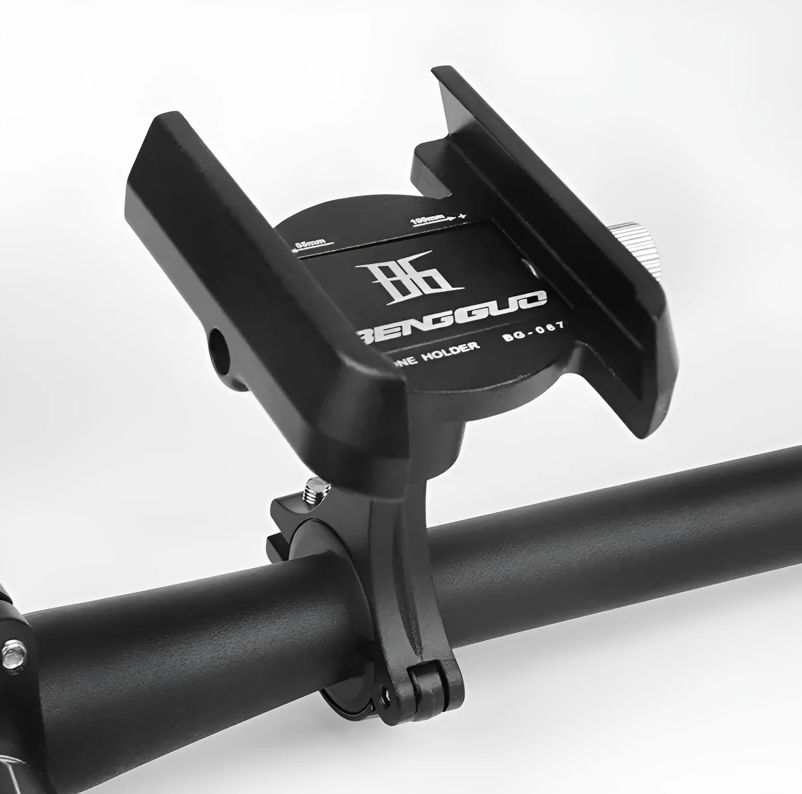 CNC aluminium bicycle phone holder mounted on handlebar with phone