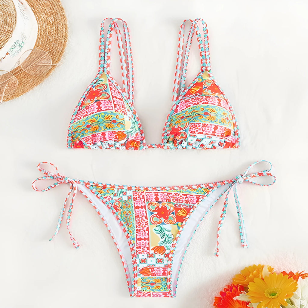 Women's lace-up split swimsuit with brief bottom in polyester fabric