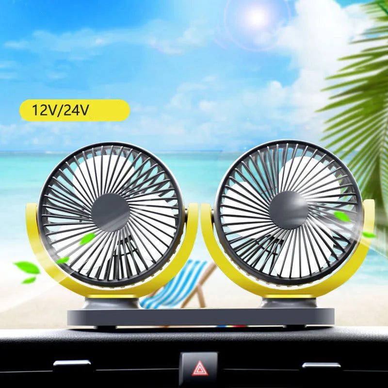 Black dual-head USB car fan with switches, 1.4m cable, ABS housing, 124x12x75mm