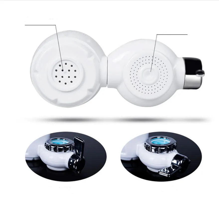 White plastic faucet water filter unit with ceramic core and universal thread adapters for kitchen tap installation.