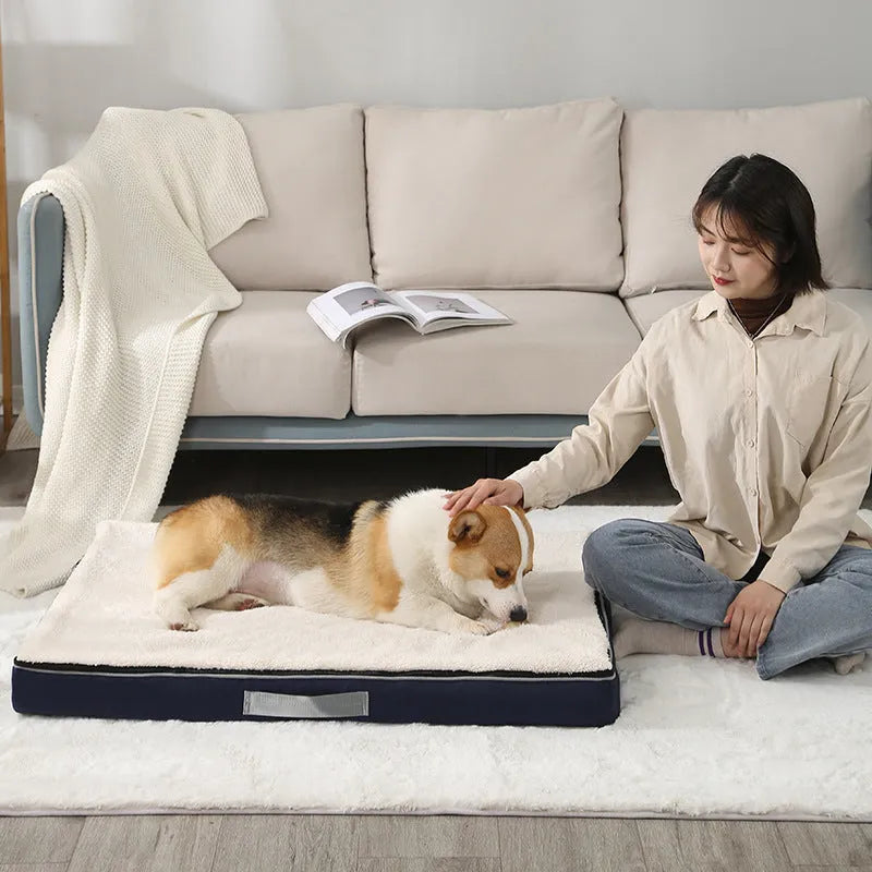 Removable cover sponge dog mat in brown, shown on a wooden floor.