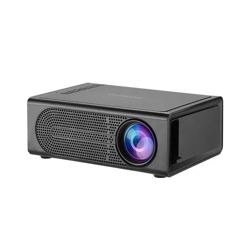 Black and white portable mini projector with wired mobile phone connection and international power adapters