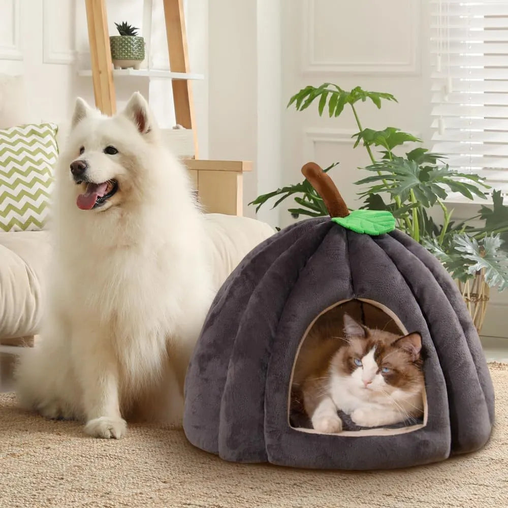 Pumpkin-shaped plush cat cave bed with a round opening, shown in grey colour.