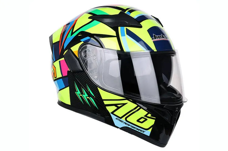 Motorcycle racing helmet with plastic shell, adjustable 55-63cm fit, 38x27cm, in black, blue, green, red, or yellow