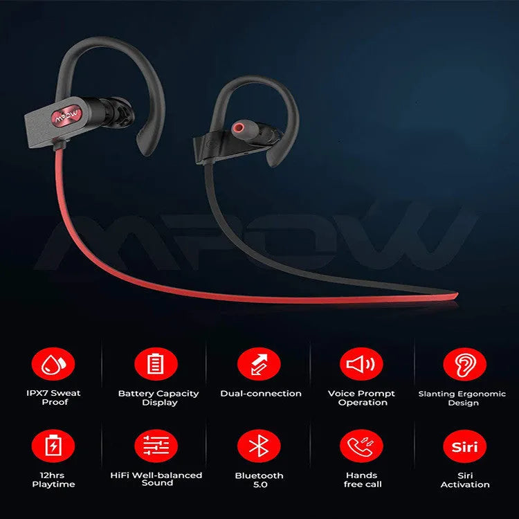 Red hanging ear Bluetooth headset shown from the side, highlighting its over-ear design.