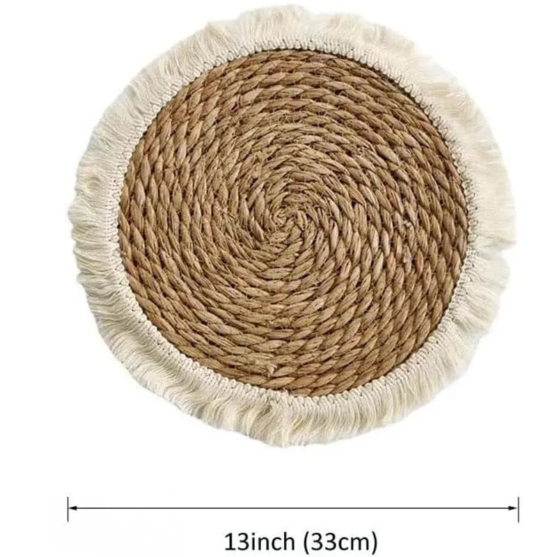 Round Japanese-style papyrus placemat with decorative tassels in natural colour