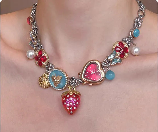 Red strawberry clock butterfly titanium steel necklace with pendant motifs on a single chain