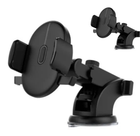 Yellow and black telescopic car phone holder with suction cup mount on a dashboard
