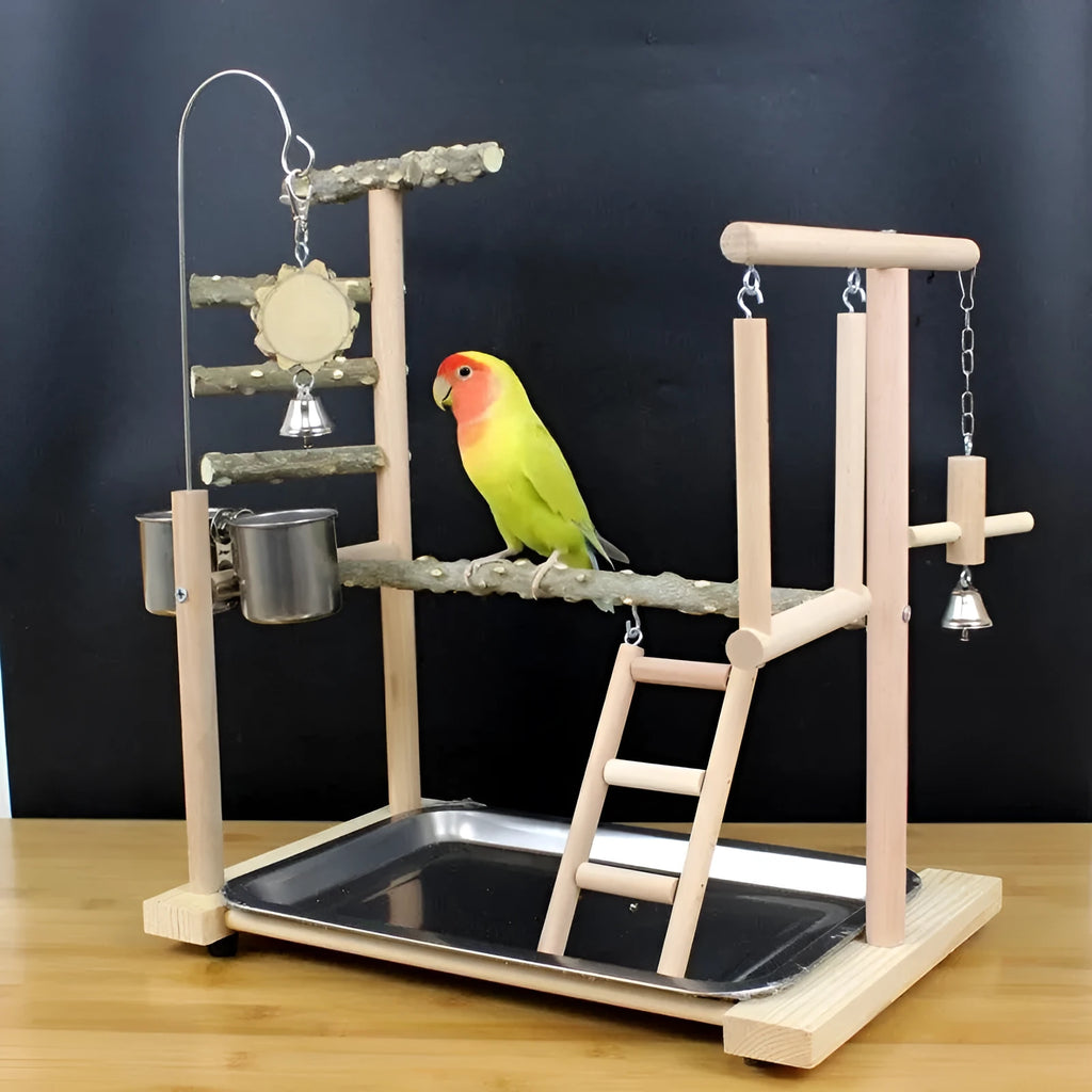 Natural Pepper Wood parrot toy bundle with two flat perching stands and a vertical climbing pole for cage.
