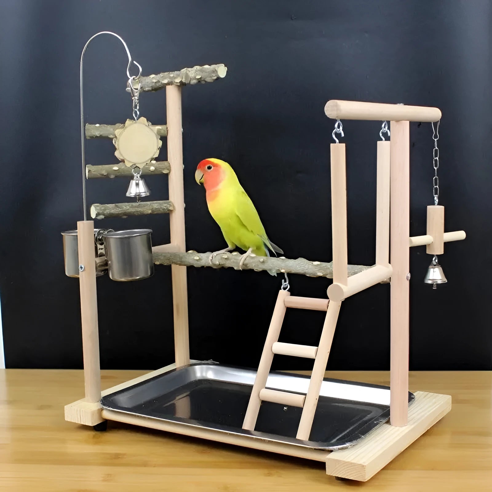 Natural Pepper Wood parrot toy bundle with two flat perching stands and a vertical climbing pole for cage.