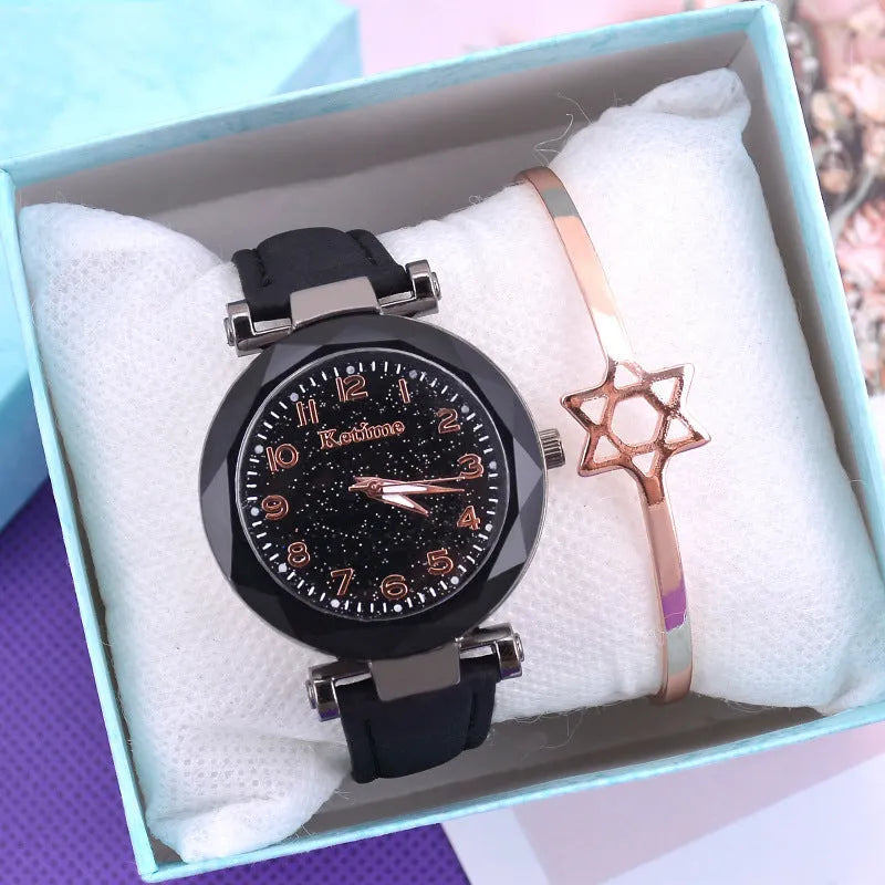 Ladies quartz watch with round plastic case, leather strap, 35mm dial, and pin buckle closure