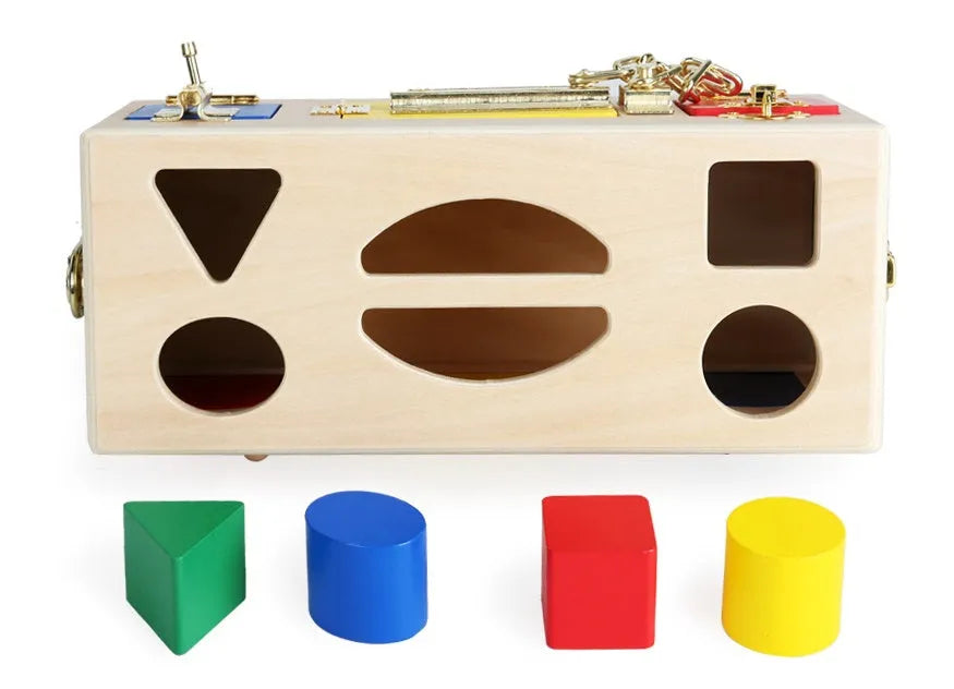 Wooden shape lock box educational toy with 12 pieces for preschool learning