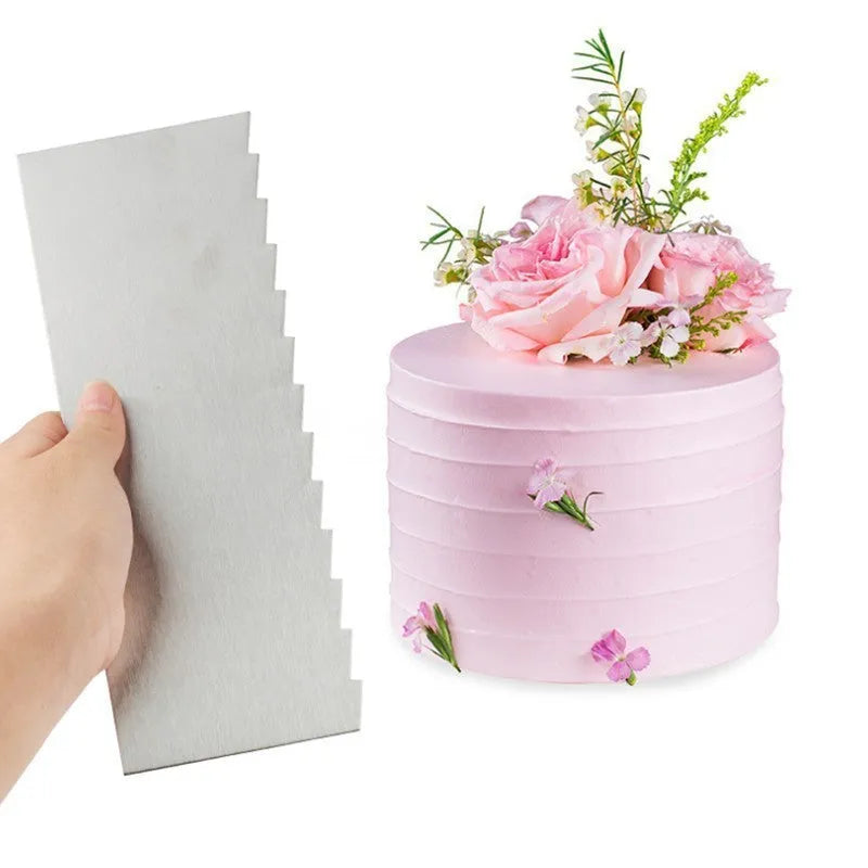Stainless steel cake decorating scraper for polygon patterns in seven style variations