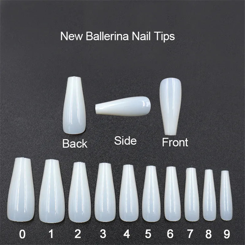 500 transparent natural ballet false nails in ABS material with 10 sizes on a light background
