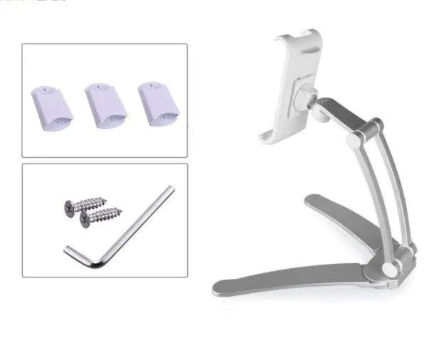 Silver aluminum alloy desktop tablet stand with white mount holding a tablet at an angle