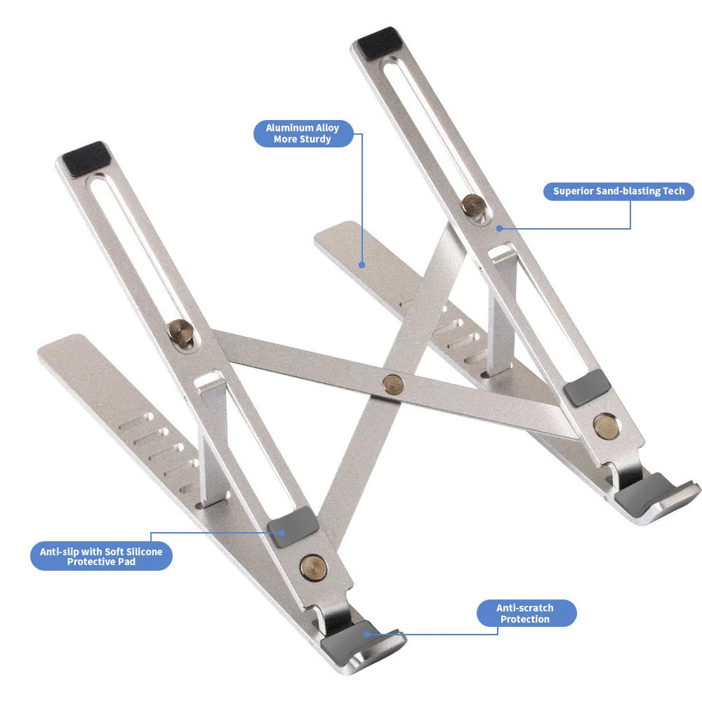 Silver aluminium alloy portable laptop stand with six-gear adjustment folded on a desk
